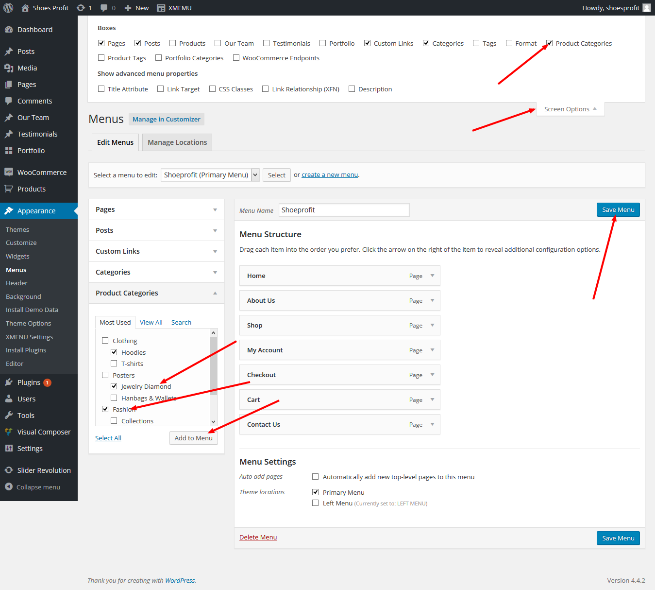 Woocommerce Categories in WordPress Menu